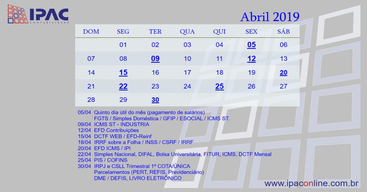 Calendário de Obrigações - abril de 2019